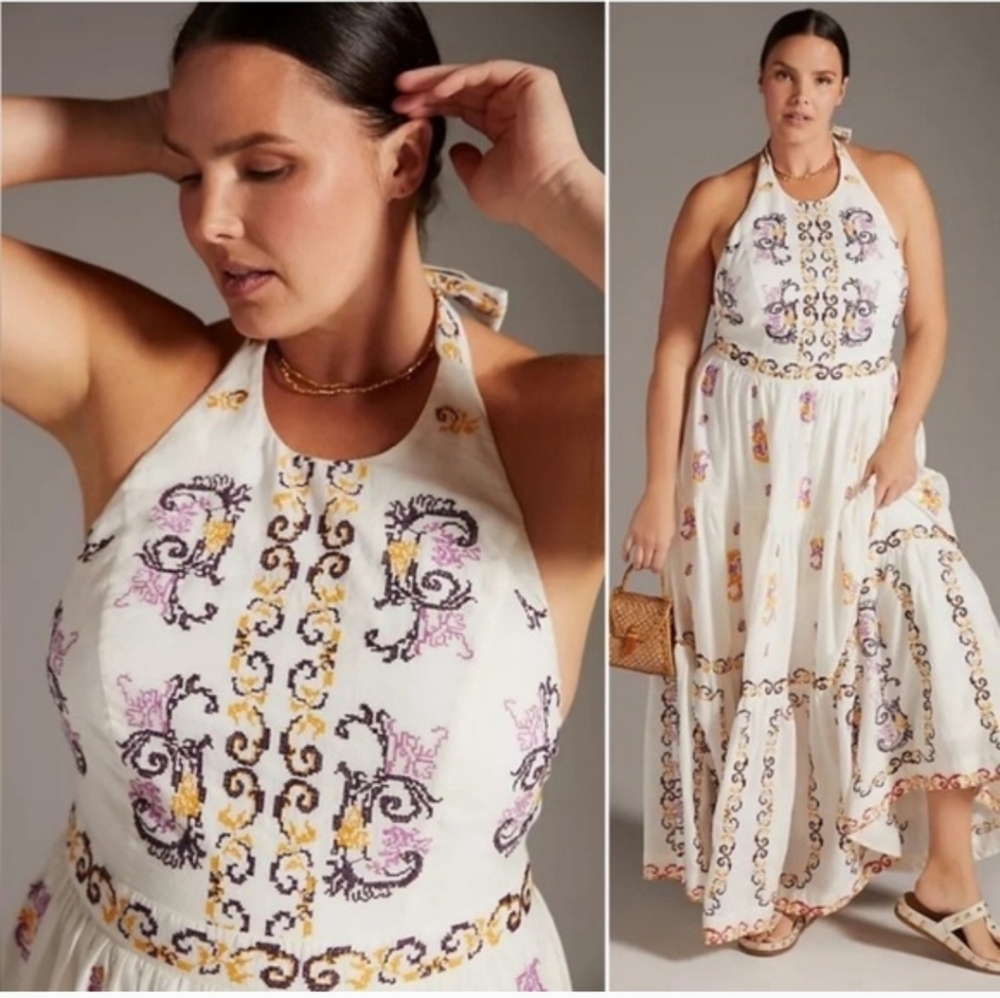 NWT Anthropologie Embroidered Halter Maxi Dress Size 12 In Ivory - Picture 2 of 14